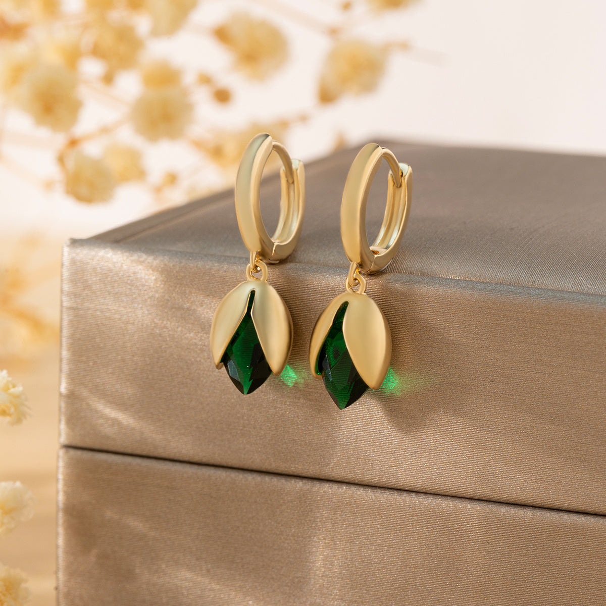 Emerald Bloom Gold Earrings – Petal Drop Statement Earrings
