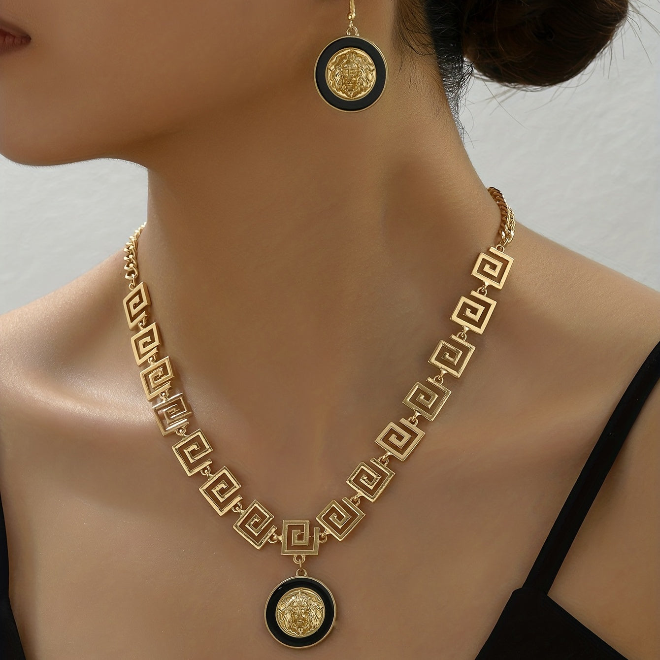 Royal Medusa Luxe Set – Black & Gold Designer Necklace with Matching Earrings