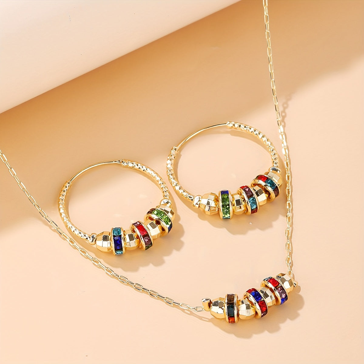 Golden Radiance Rainbow Jewelry Set – Color Stone Hoop Earrings & Necklace Combo