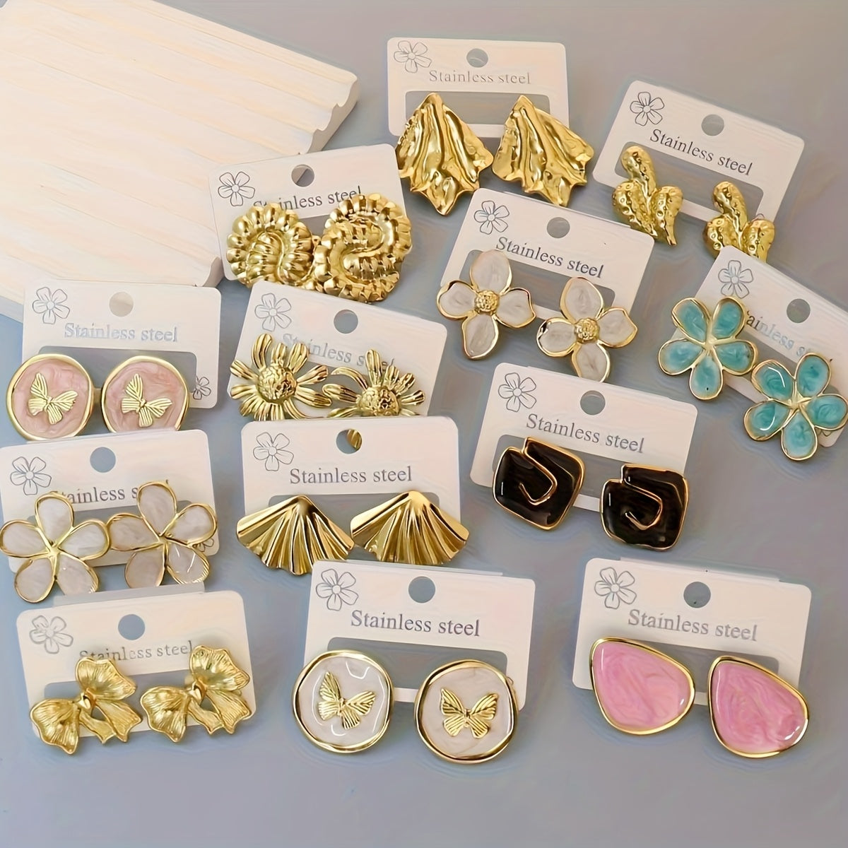 Golden Muse Statement Earring Set – 13 Pairs of Chic Floral & Butterfly Studs