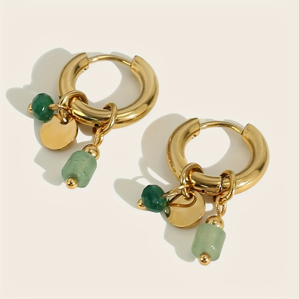 Emerald Charm Gold Hoops – Minimal Green Stone Dangle Earrings