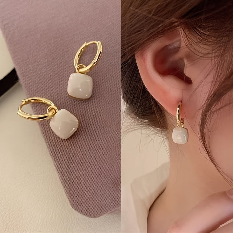 White Elegance Gold Hoops – Minimal Gloss Stone Drop Earrings
