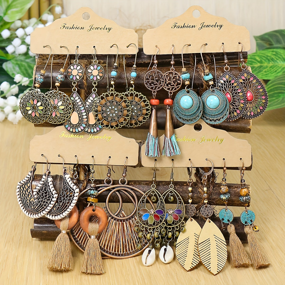 Boho Magic 12-Pair Earring Set – Tribal, Tassel & Shell Collection