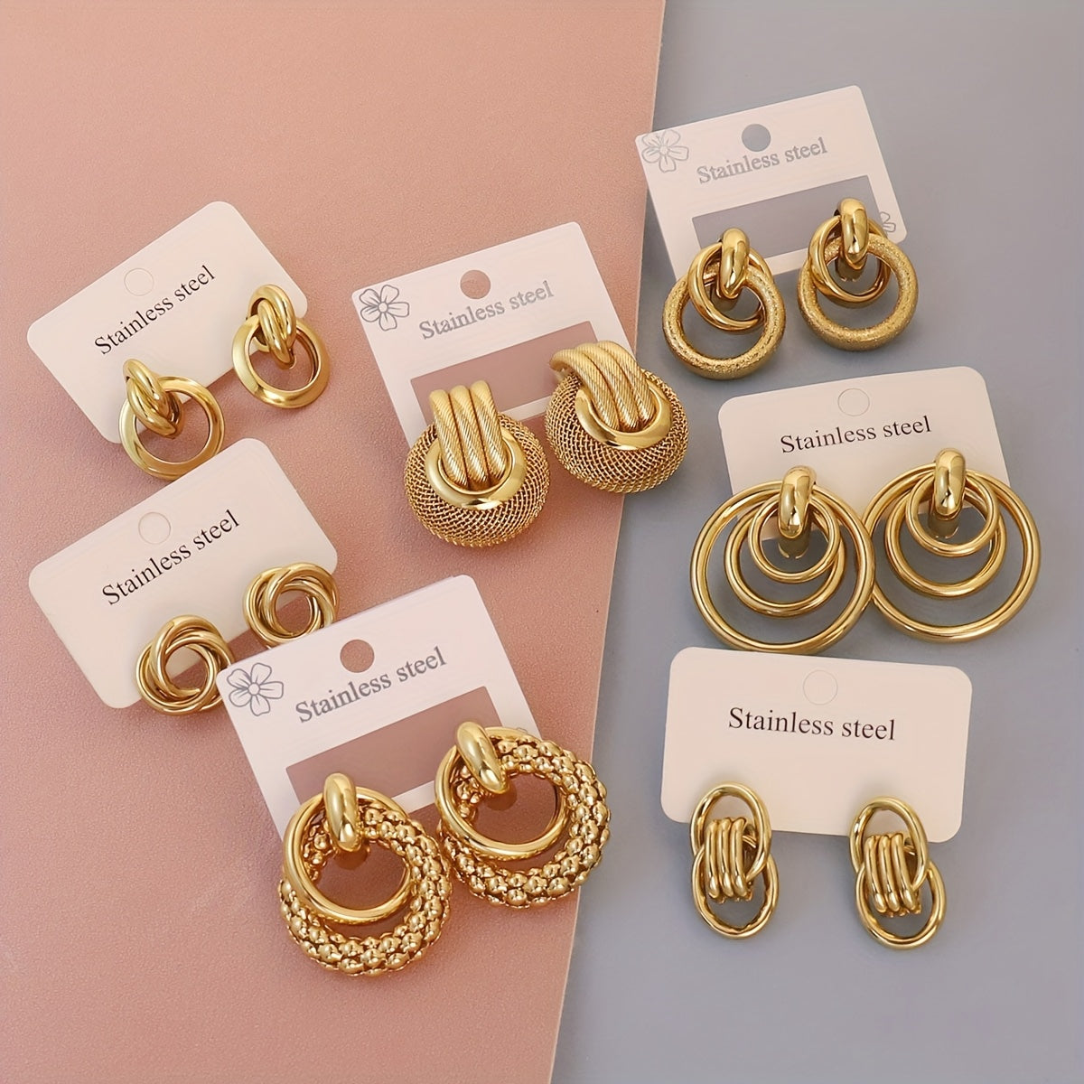 Golden Loop Luxe Collection Set of 7– Designer Knot & Circle Stainless Steel Earrings