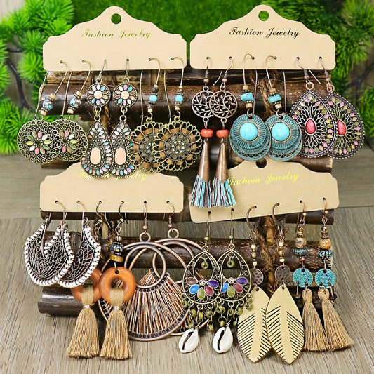 Boho Magic 12-Pair Earring Set – Tribal, Tassel & Shell Collection