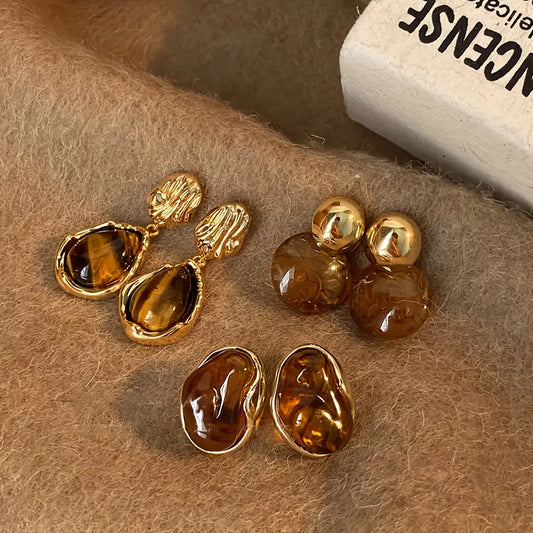 Amber Glow Gold Earring Set – 3 Pairs of Elegant Brown Crystal & Gold Statement Earrings