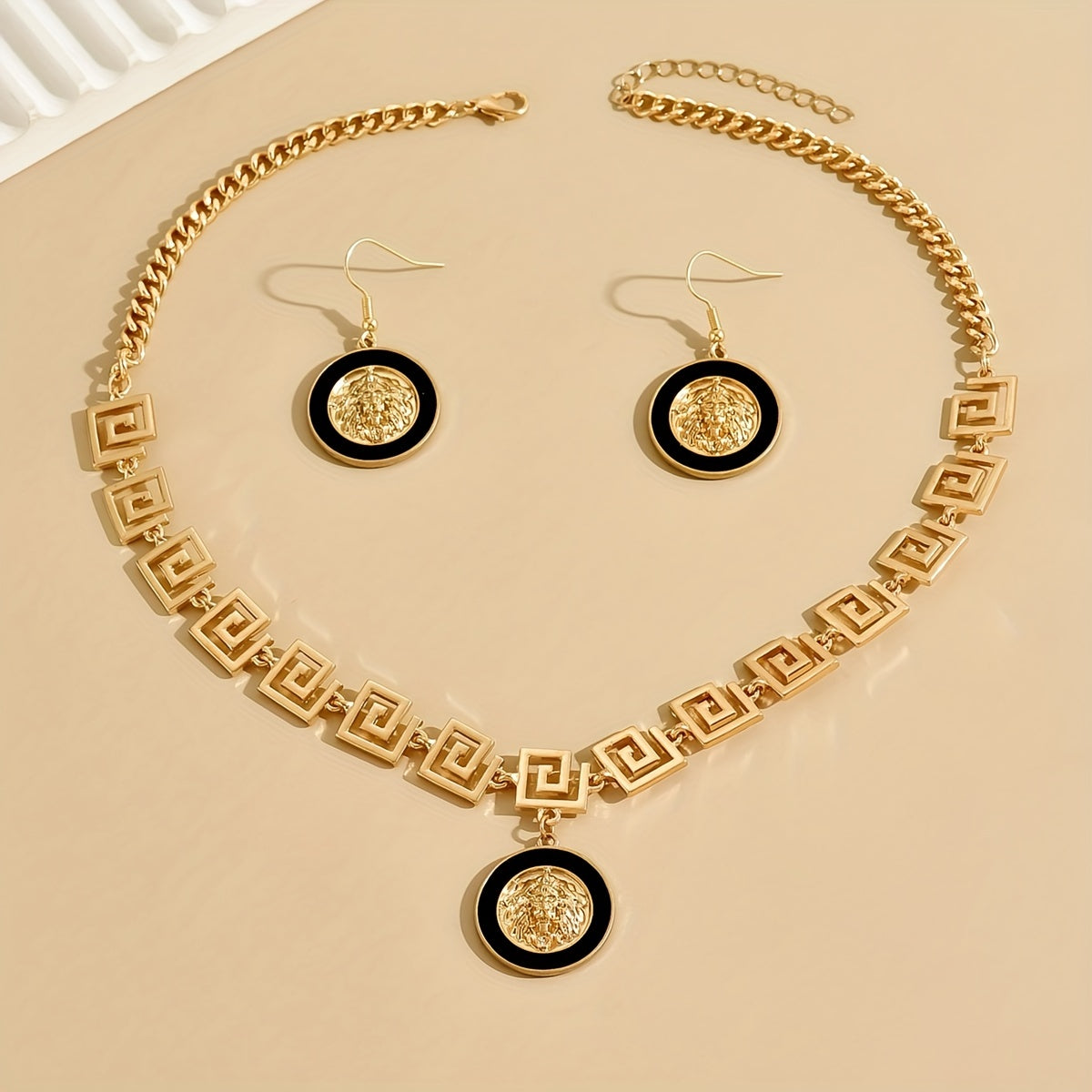Royal Medusa Luxe Set – Black & Gold Designer Necklace with Matching Earrings
