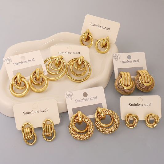 Golden Loop Luxe Collection Set of 7– Designer Knot & Circle Stainless Steel Earrings