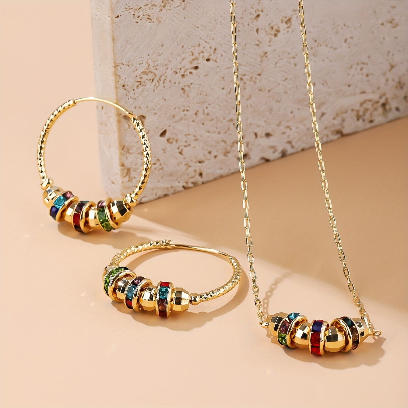 Golden Radiance Rainbow Jewelry Set – Color Stone Hoop Earrings & Necklace Combo