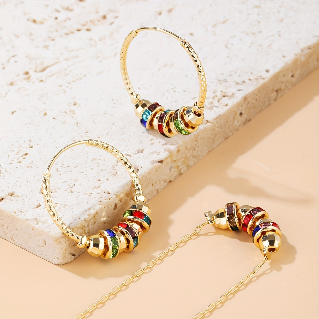 Golden Radiance Rainbow Jewelry Set – Color Stone Hoop Earrings & Necklace Combo