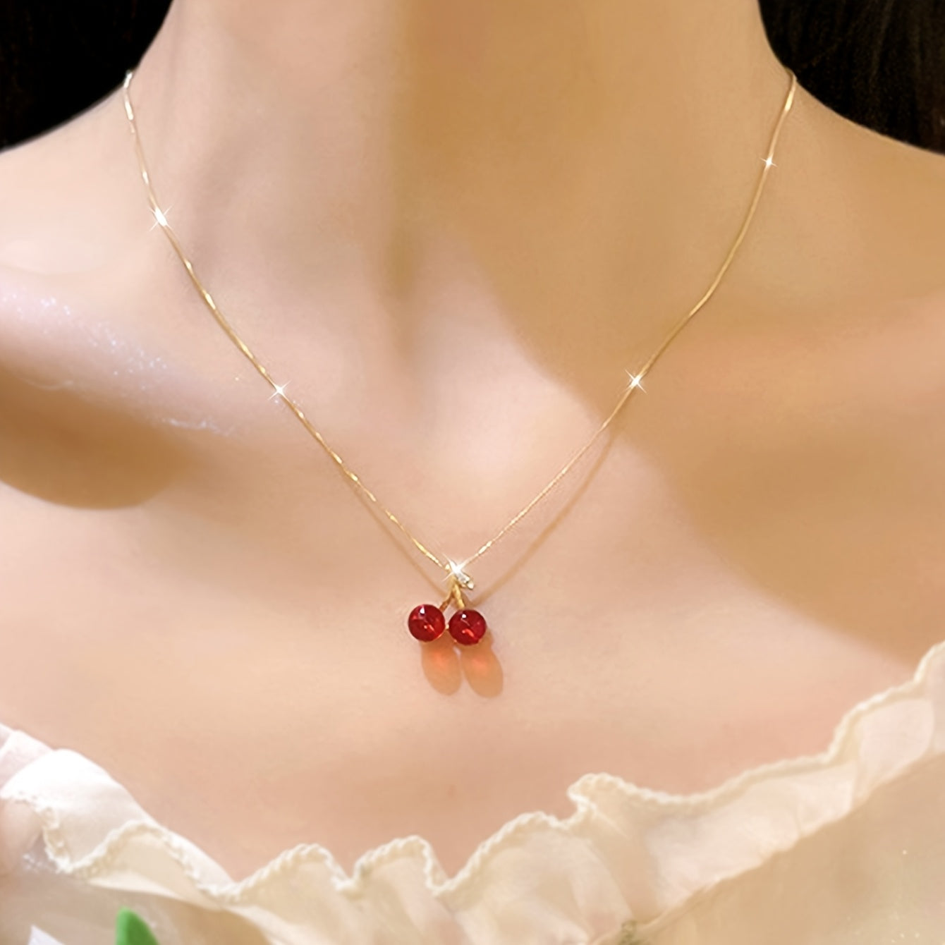 Cherry Charm Necklace Set – Red Stone Necklace & Earrings Set