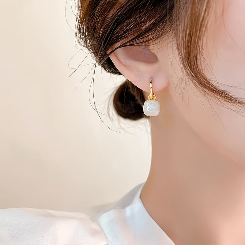 White Elegance Gold Hoops – Minimal Gloss Stone Drop Earrings
