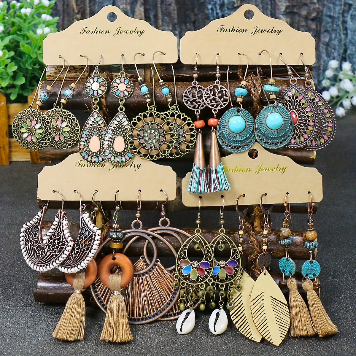 Boho Magic 12-Pair Earring Set – Tribal, Tassel & Shell Collection
