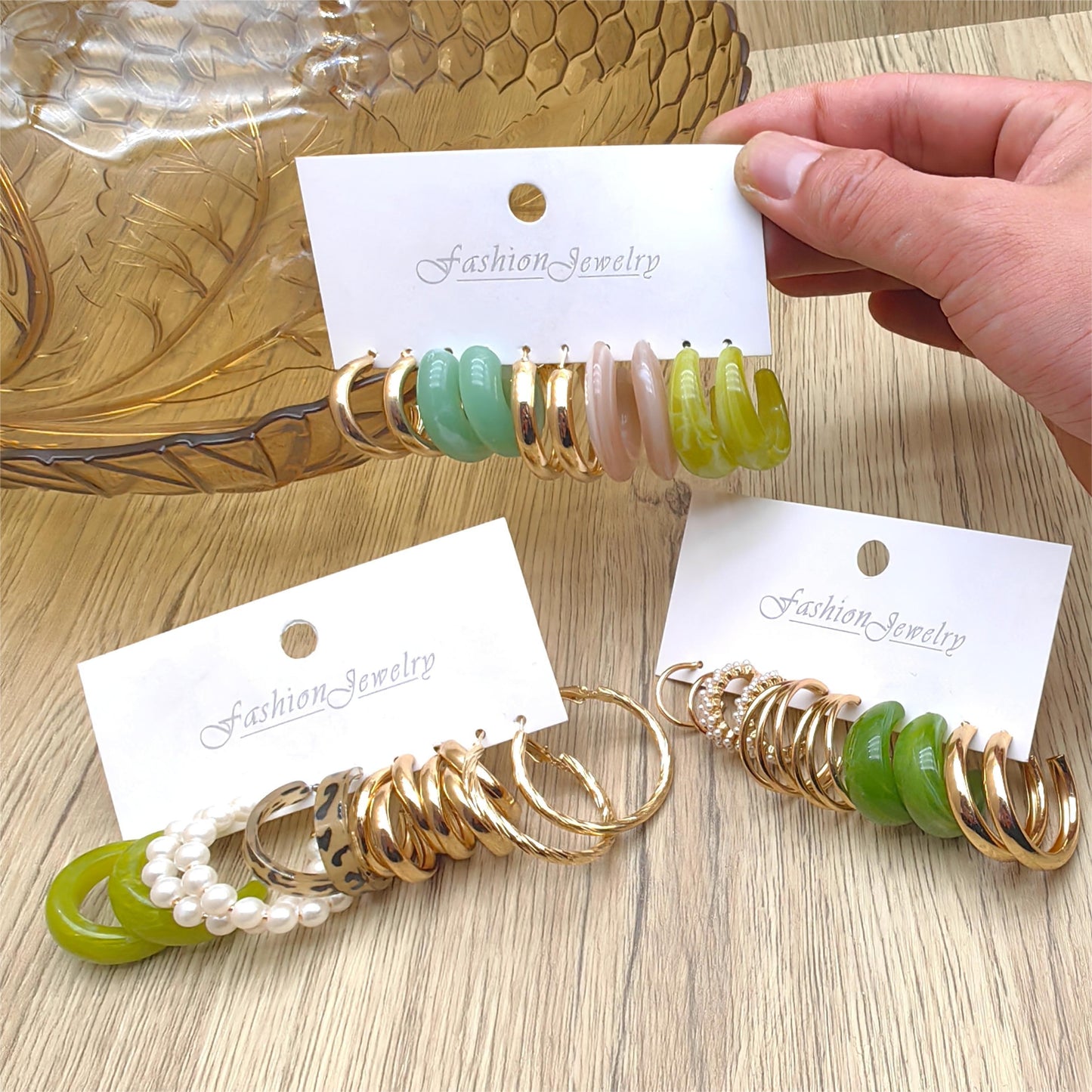 Aura Gold Hoop Earring Set – 15 Pairs of Trendy Hoops with Pearls, Marble & Resin Finish