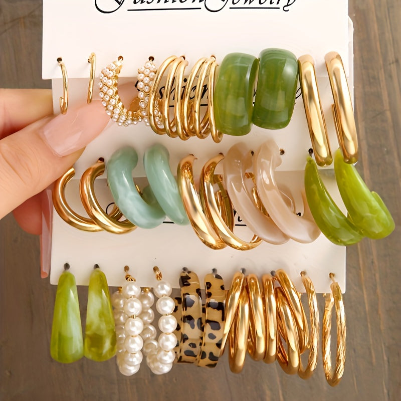 Aura Gold Hoop Earring Set – 15 Pairs of Trendy Hoops with Pearls, Marble & Resin Finish