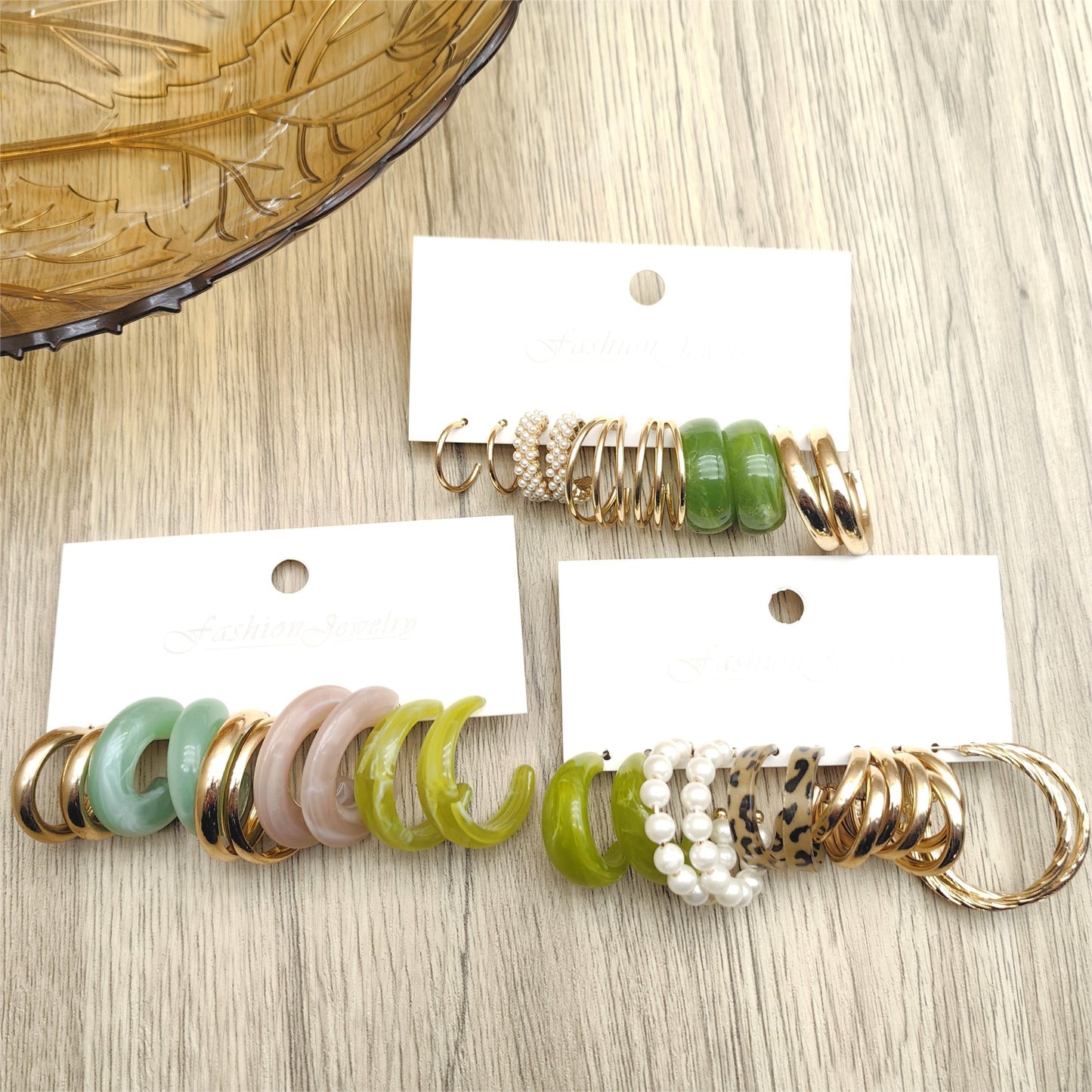 Aura Gold Hoop Earring Set – 15 Pairs of Trendy Hoops with Pearls, Marble & Resin Finish