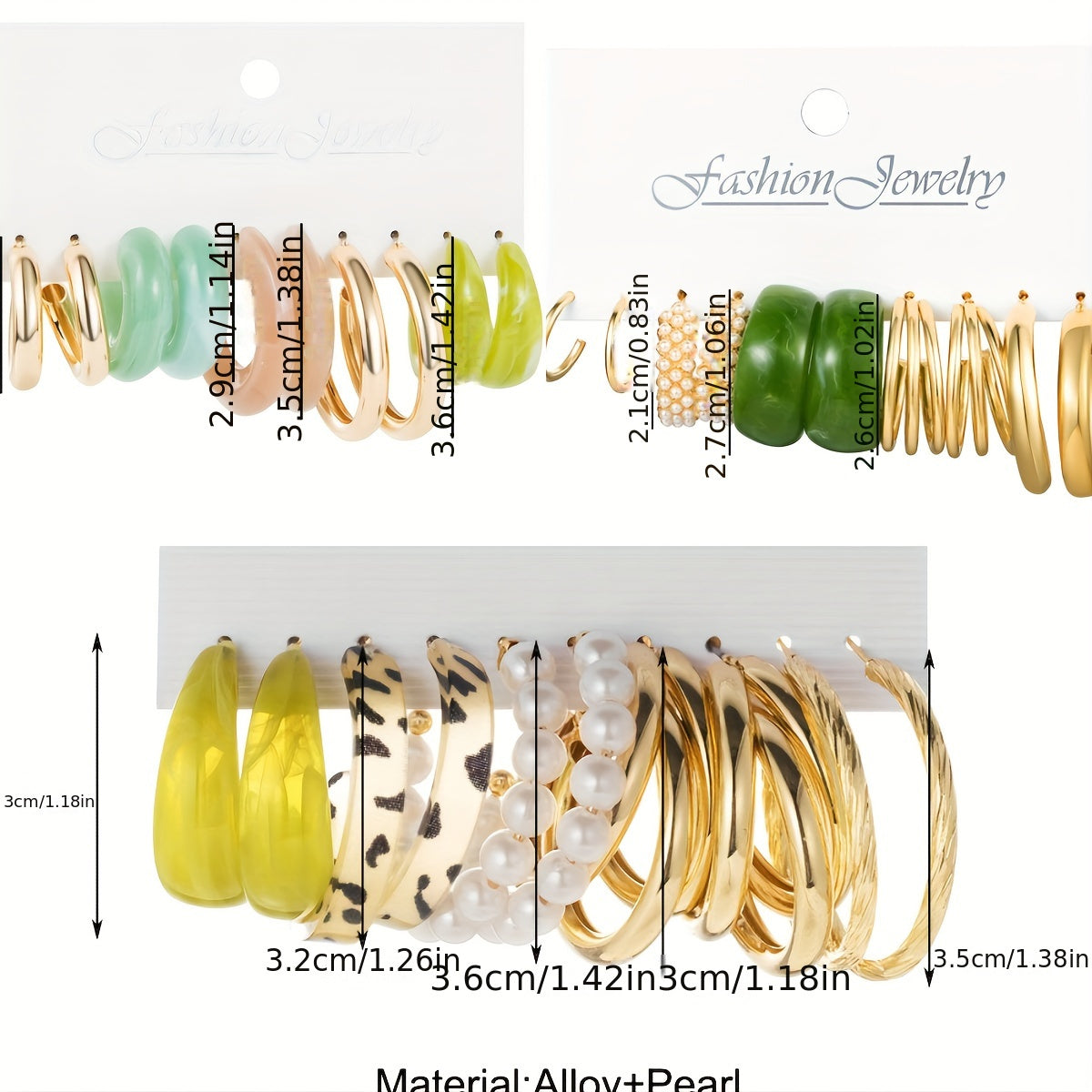 Aura Gold Hoop Earring Set – 15 Pairs of Trendy Hoops with Pearls, Marble & Resin Finish