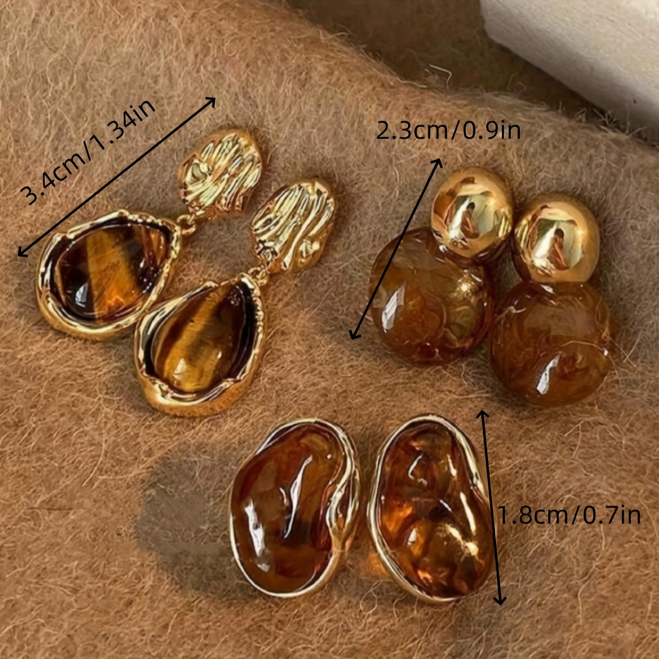 Amber Glow Gold Earring Set – 3 Pairs of Elegant Brown Crystal & Gold Statement Earrings