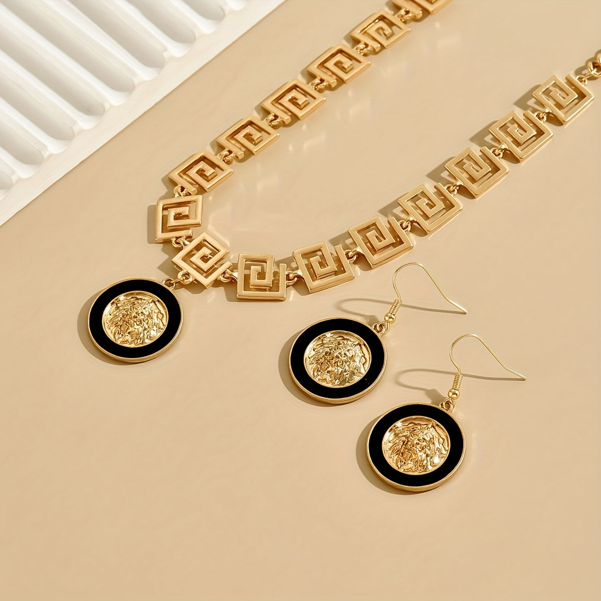 Royal Medusa Luxe Set – Black & Gold Designer Necklace with Matching Earrings
