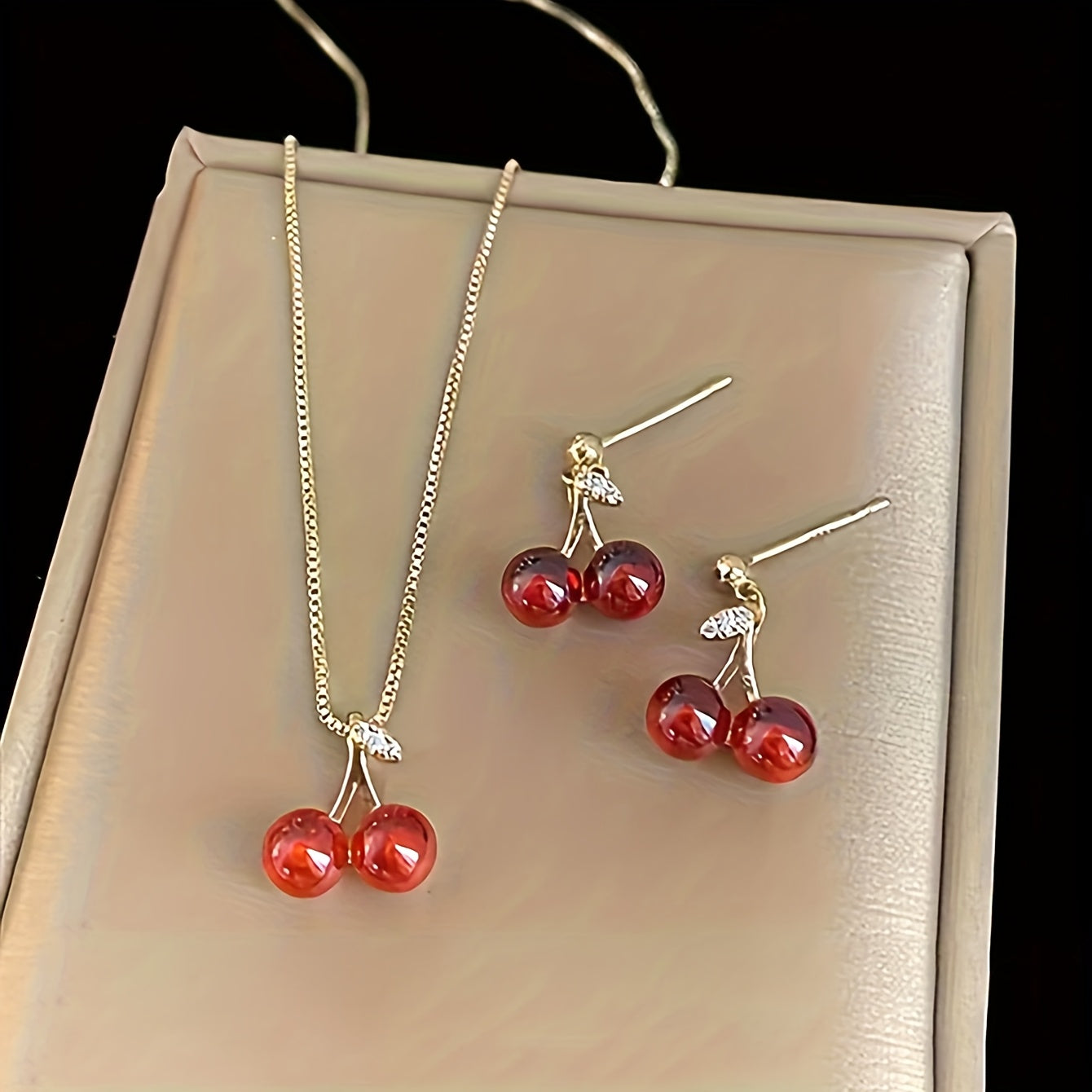Cherry Charm Necklace Set – Red Stone Necklace & Earrings Set
