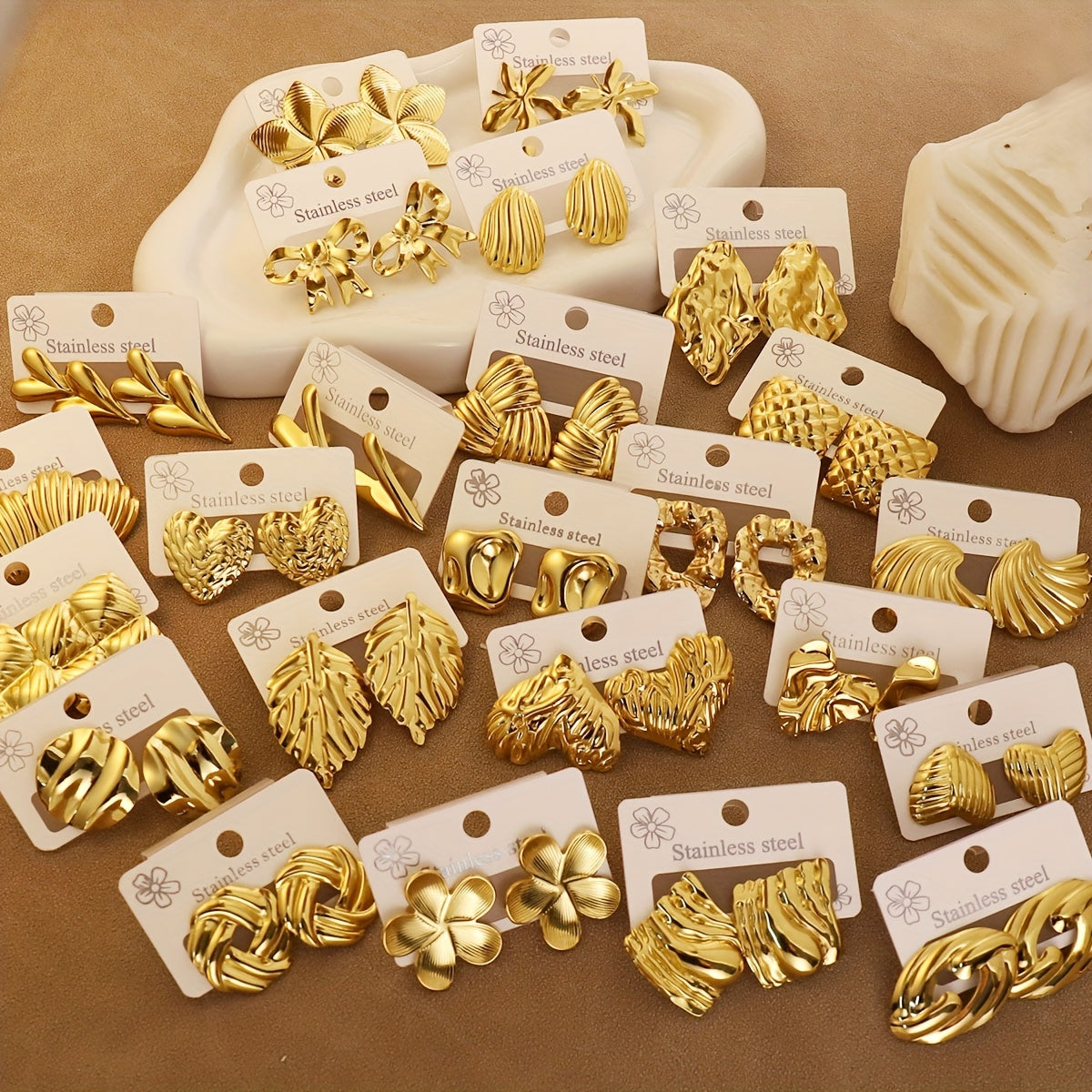 Golden Sculpted Collection of 24 Set – Premium Stainless Steel Designer Earrings