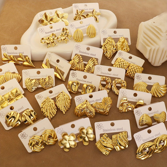 Golden Sculpted Collection of 24 Set – Premium Stainless Steel Designer Earrings