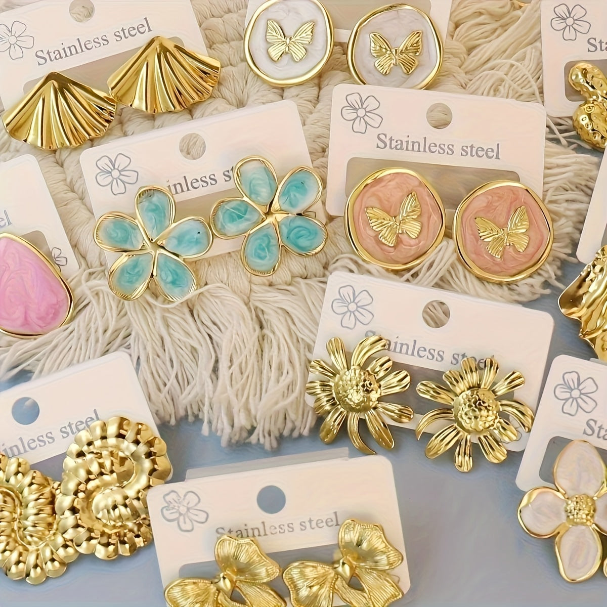 Golden Muse Statement Earring Set – 13 Pairs of Chic Floral & Butterfly Studs
