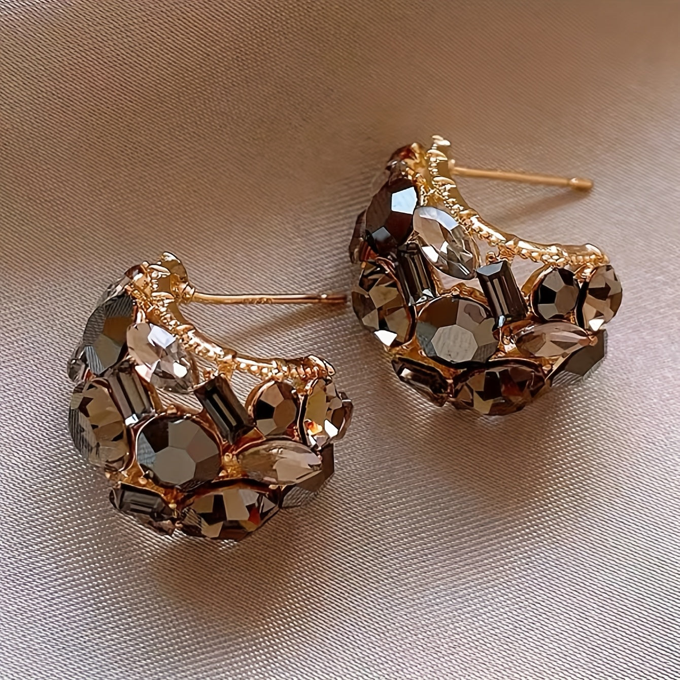 Smoky Luxe Crystal Hoops – Gold Sparkle Party Earrings