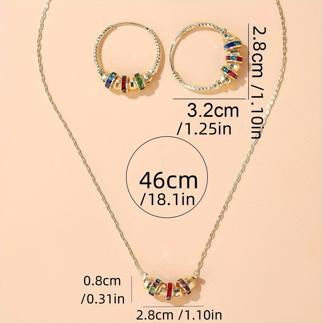 Golden Radiance Rainbow Jewelry Set – Color Stone Hoop Earrings & Necklace Combo