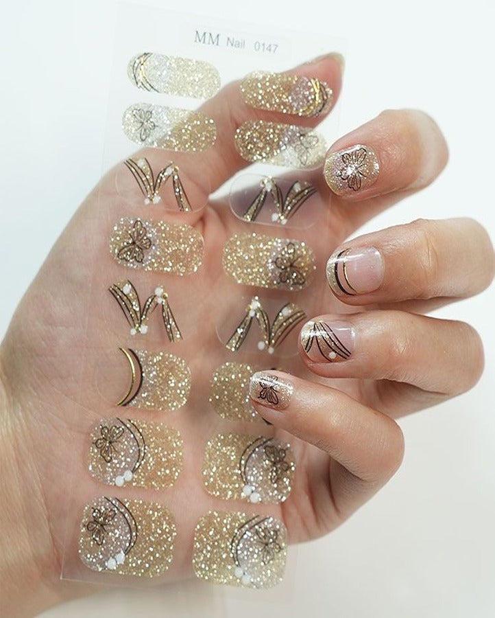 Golden Glitter Butterfly Nail Art Strips