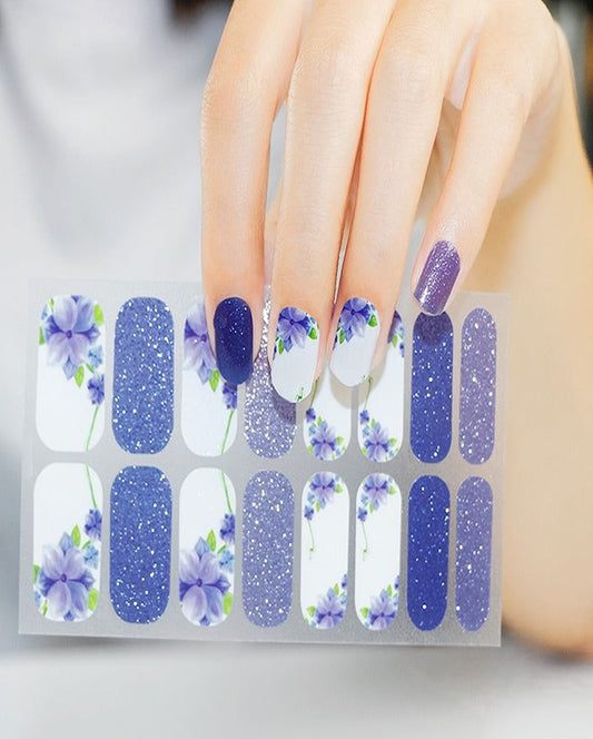 Shimmer Blue Floral Nail Art Strips