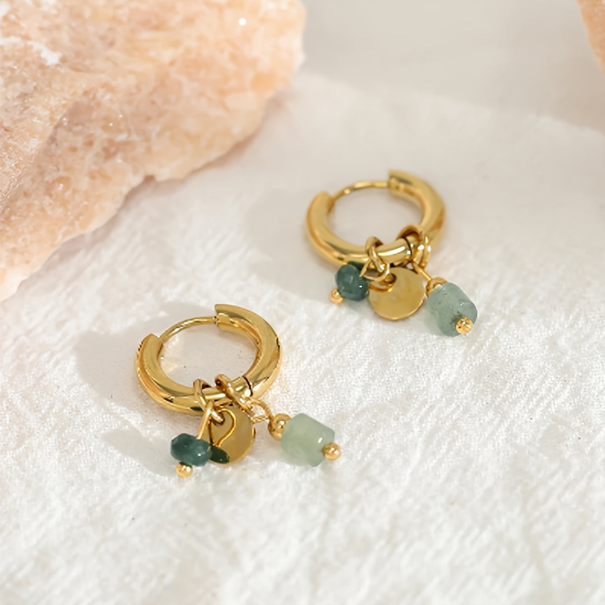 Emerald Charm Gold Hoops – Minimal Green Stone Dangle Earrings