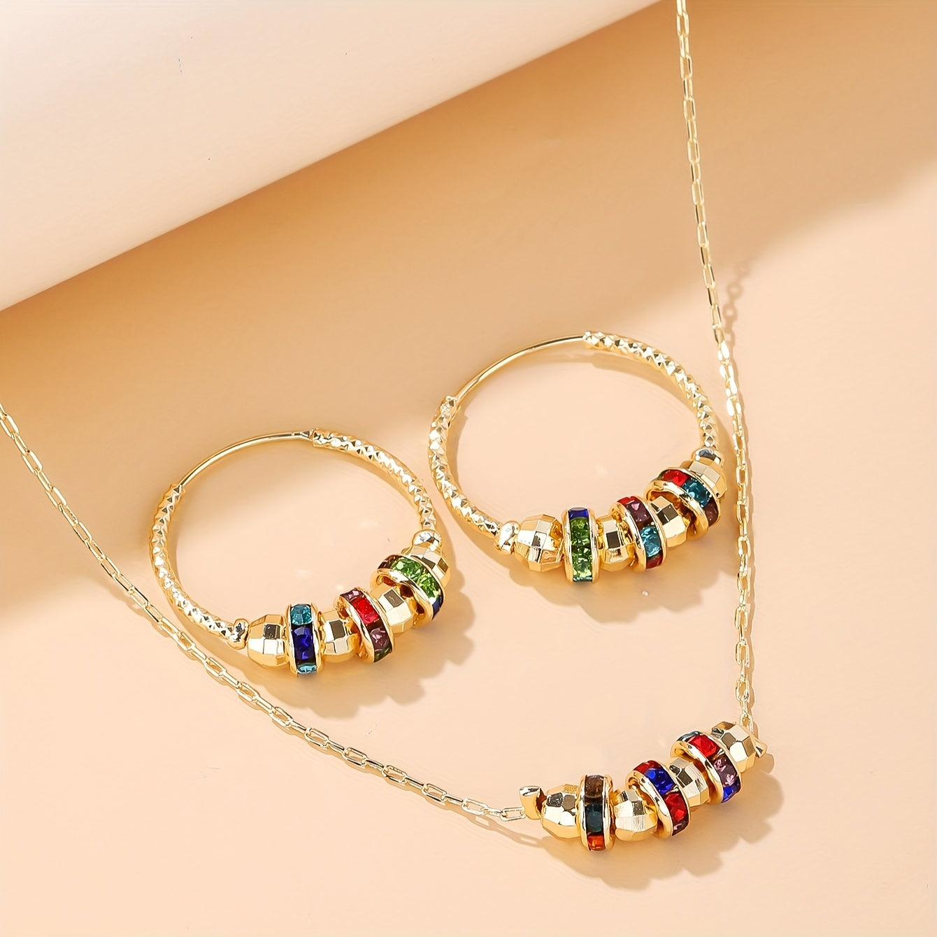 Golden Radiance Rainbow Jewelry Set – Color Stone Hoop Earrings & Necklace Combo