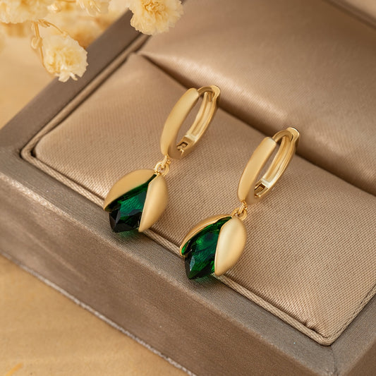 Emerald Bloom Gold Earrings – Petal Drop Statement Earrings