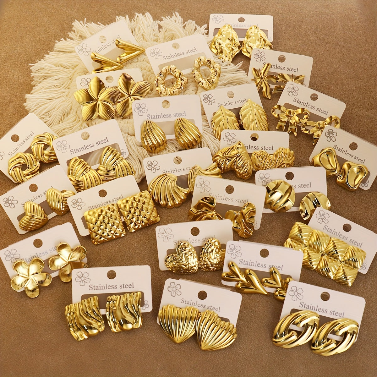 Golden Sculpted Collection of 24 Set – Premium Stainless Steel Designer Earrings