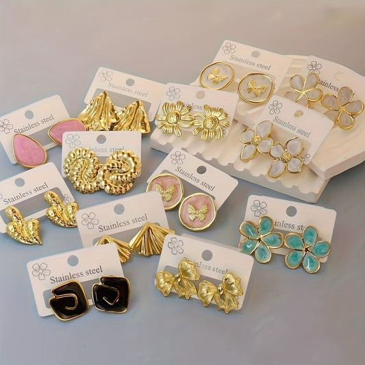 Golden Muse Statement Earring Set – 13 Pairs of Chic Floral & Butterfly Studs