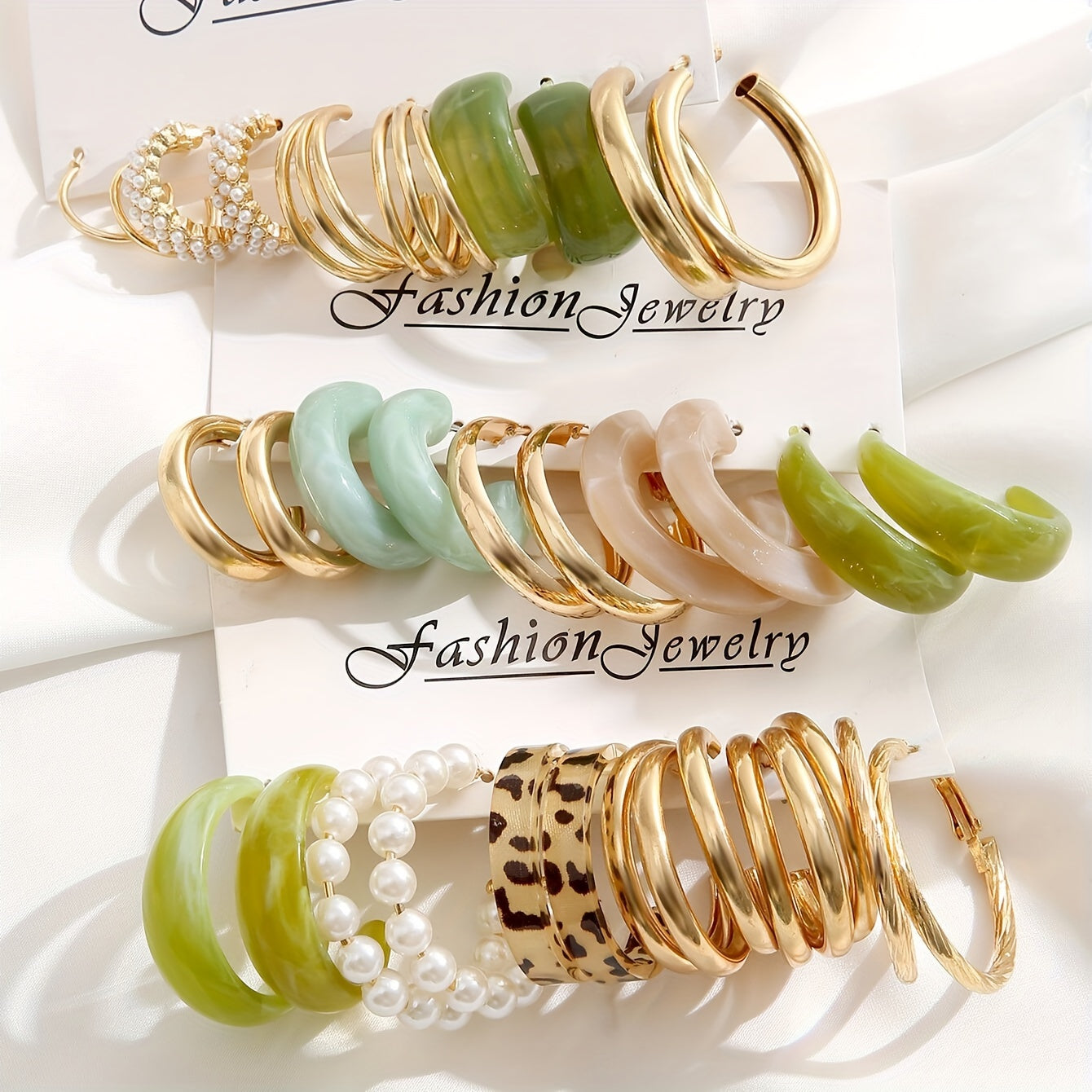 Aura Gold Hoop Earring Set – 15 Pairs of Trendy Hoops with Pearls, Marble & Resin Finish