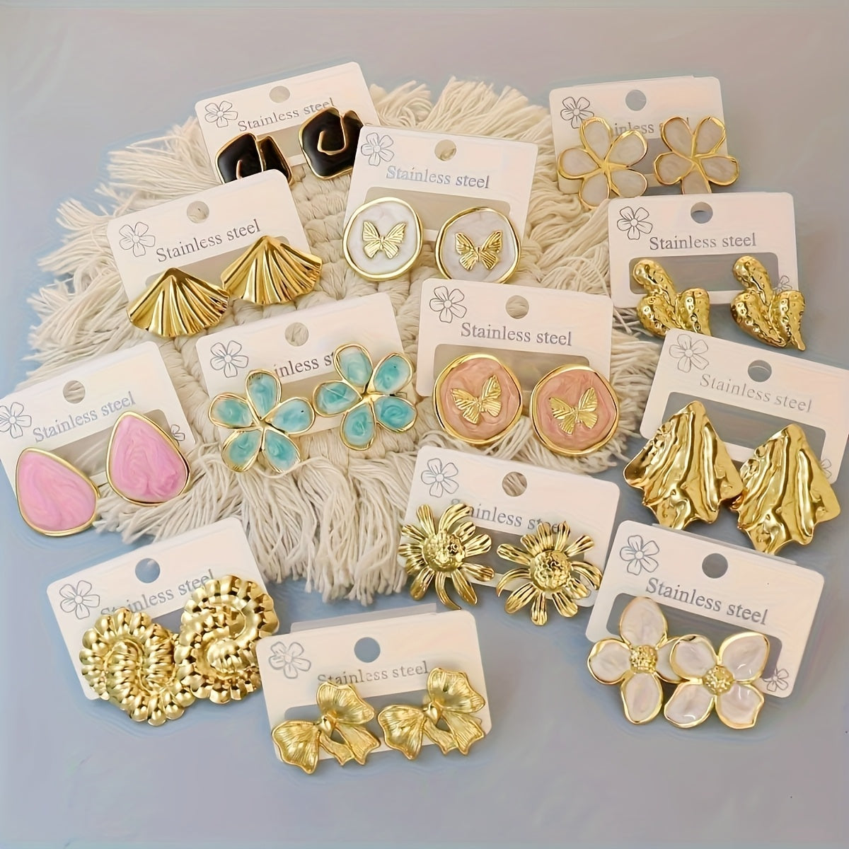 Golden Muse Statement Earring Set – 13 Pairs of Chic Floral & Butterfly Studs