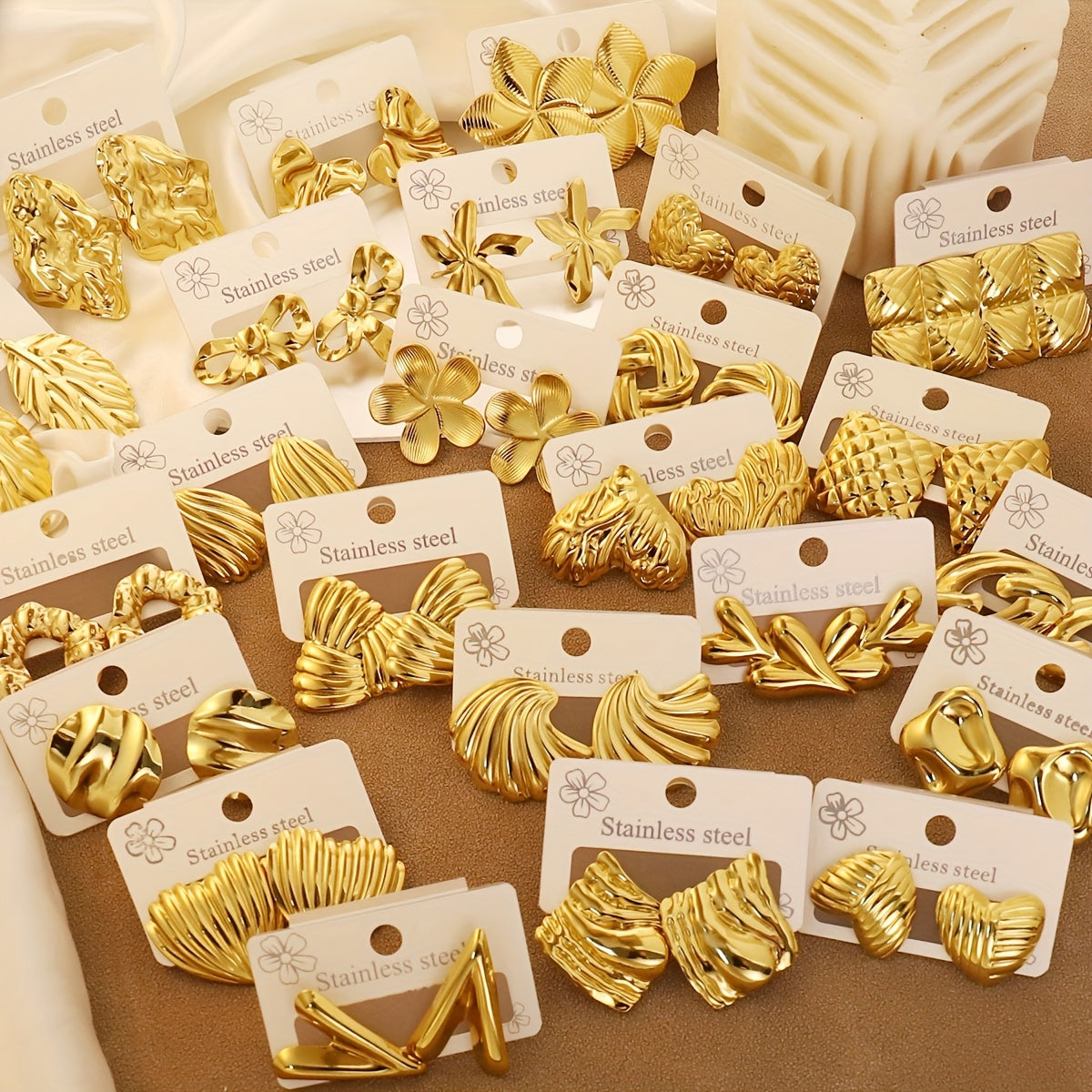 Golden Sculpted Collection of 24 Set – Premium Stainless Steel Designer Earrings