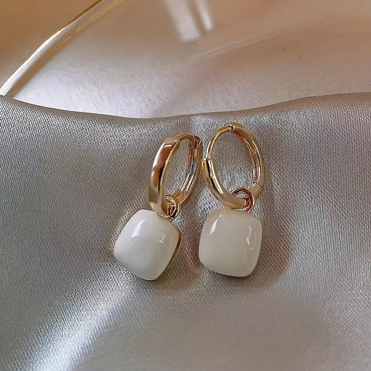 White Elegance Gold Hoops – Minimal Gloss Stone Drop Earrings