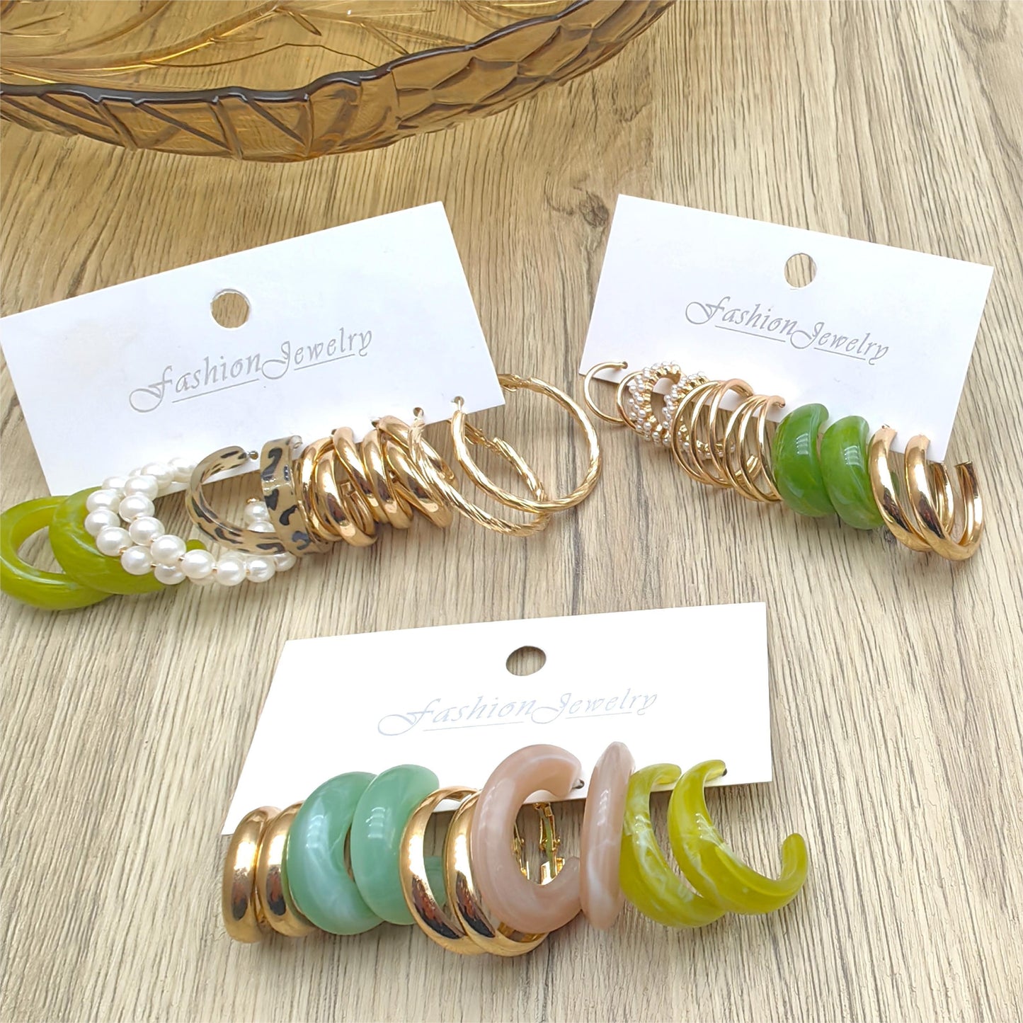 Aura Gold Hoop Earring Set – 15 Pairs of Trendy Hoops with Pearls, Marble & Resin Finish