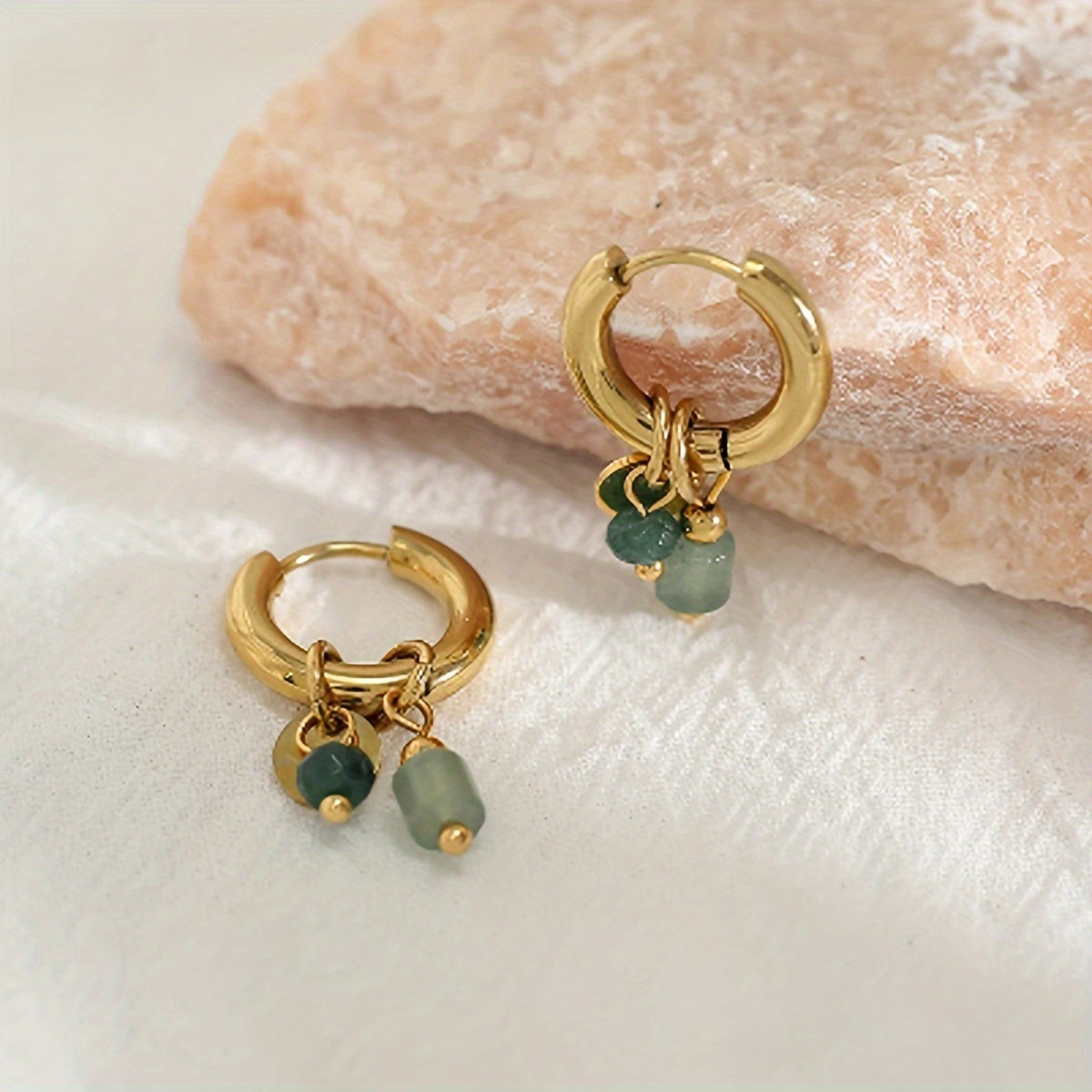 Emerald Charm Gold Hoops – Minimal Green Stone Dangle Earrings