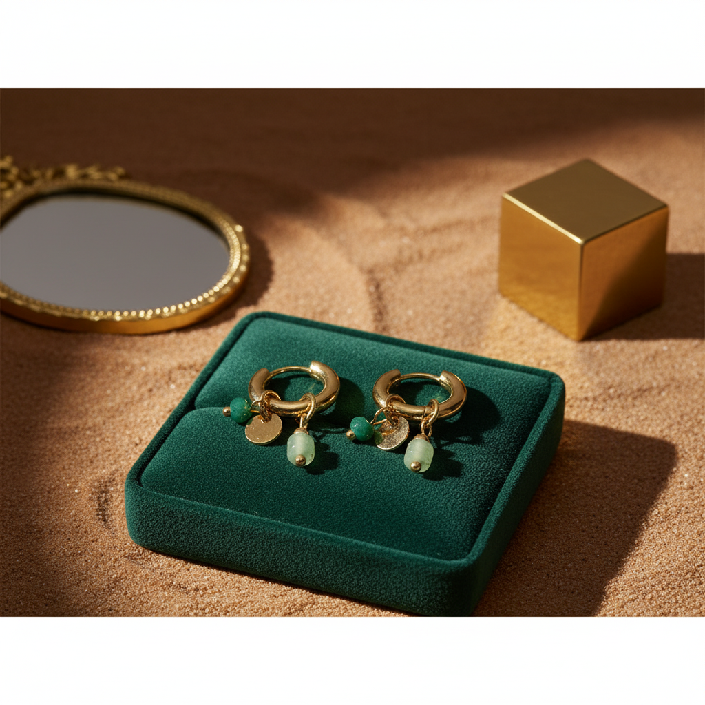 Emerald Charm Gold Hoops – Minimal Green Stone Dangle Earrings