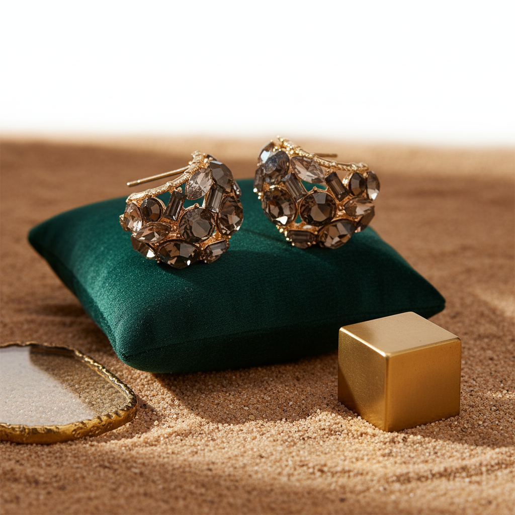 Smoky Luxe Crystal Hoops – Gold Sparkle Party Earrings