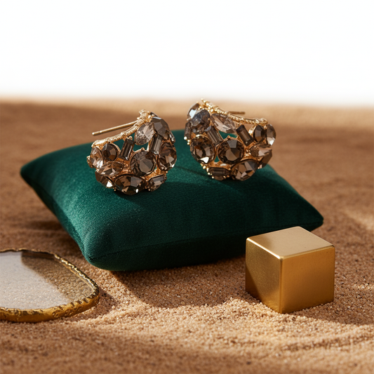 Smoky Luxe Crystal Hoops – Gold Sparkle Party Earrings